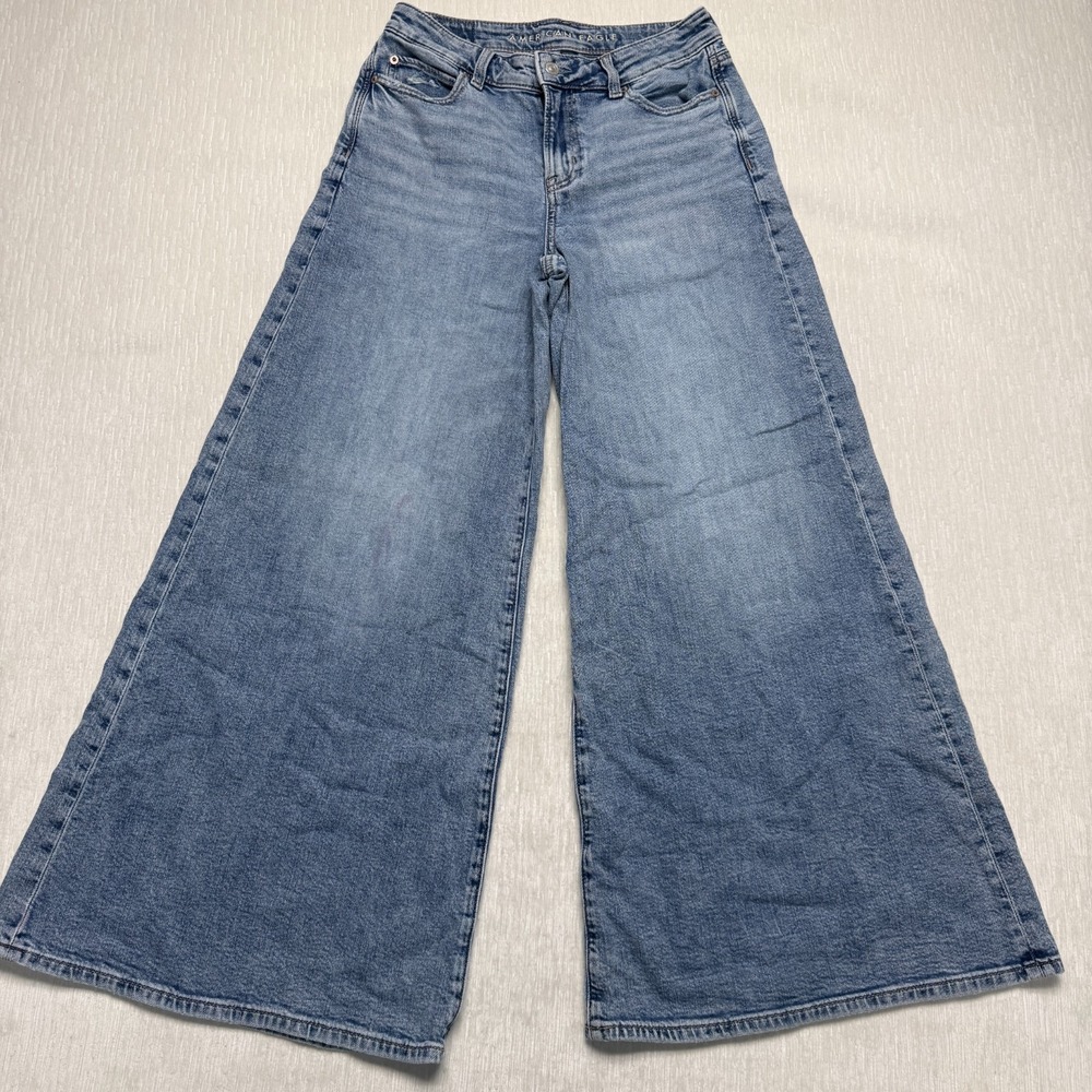 American Eagle Outfitters AE A-Line Fit Wide Leg Jeans Womens 4 Blue Distressed
